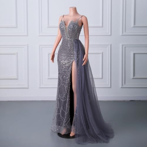 Pearls Spaghetti Straps Mermaid Evening Dress Side Slit Formal Prom Dress Wedding Bride Party Gown3