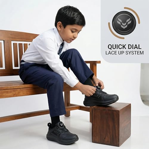 Image of CREG Kids Black School Shoes with Rotary Dial Closure | Lightweight Comfortable Running Shoes for Boys & Girls | Anti-Slip Sole Walking