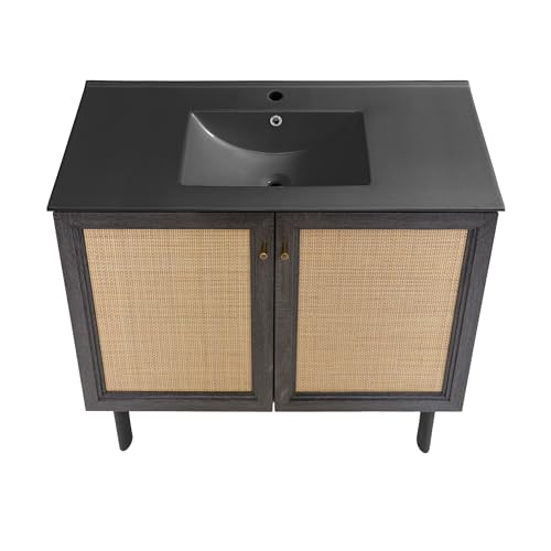 Image of Swiss Madison Classe 36 in. Black Oak Bathroom Vanity with Black Ceramic Sink Top