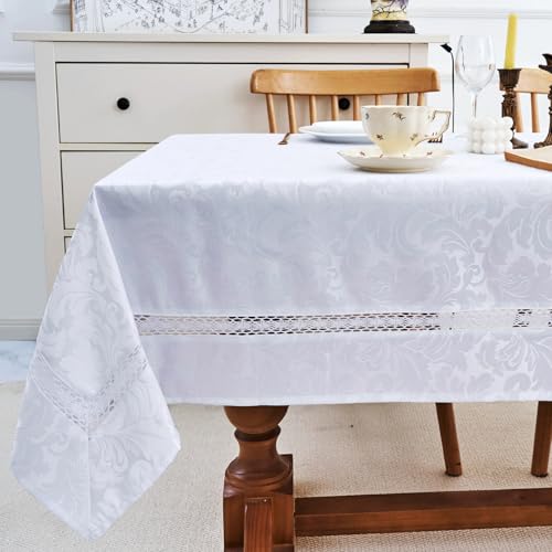EHouseHome Heavy Duty Fabric Tablecloth with White Lace-Waterproof/Wrinkle Free/Stain Resistant/Oil Proof-for Dining,Indoor&Outdoor,Wedding,Holiday,White Damask,Rectangle 60x102Inch by EHouseHome - Used condition - Image 3