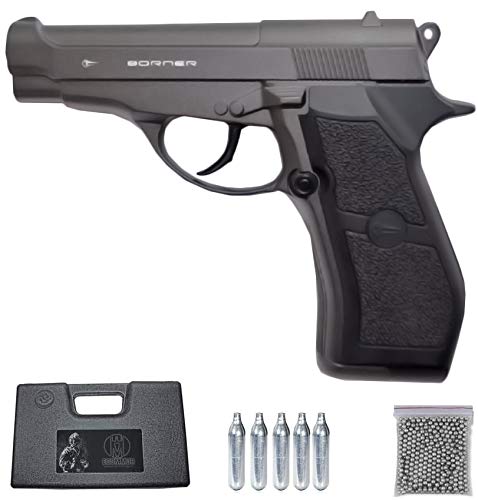 BORNER M84 Modelo Full Metal | Pack Pistola de balines metálica (perdigones: Bolas BB's de Acero). Arma de Aire comprimido (CO2) semiautomática Calibre 4,5mm (Tipo Beretta M84FS) - 2,55 Julios.