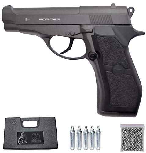 M84 BORNER Modelo Full Metal | Pack Pistola de balines metálica (perdigones: Bolas BB's de Acero). Arma de Aire comprimido (CO2) semiautomática Calibre 4,5mm (Tipo Beretta M84FS) - 2,55 Julios.