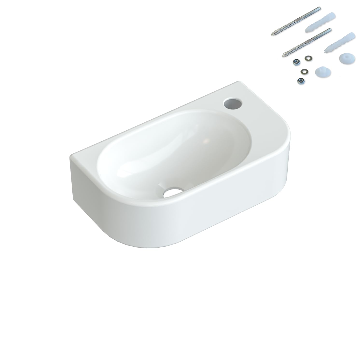 Umywalka ceramiczna podwieszana mała do ręcznego mycia, kolor biały, owalna 40 x 21 cm, do łazienki, WC dla gości, otwór na baterię po prawej stronie z wkrętami stolarkowymi | BEZ przelewu | BEZ
