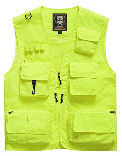 Herren Outdoor Weste Safari praktischen Reißverschluss Multi-Tasche Netz Breathable Camping Jagd Fischen Fotografie Weste mit 15 Taschen (EU Medium = Asia Size 2XL, Gelb) Cover