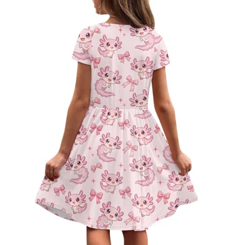 Image of Girls Dress with Pockets Basic Short Sleeve High Waist Swing Skater Dress School Party Dress for Kids