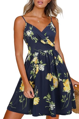 Newshows Summer Dresses for Women 2025 Casual Beach Sundresses Floral Spaghetti Strap Sleeveless V-Neck Hawaiian Dresses with Pockets(Floral 22,Medium)