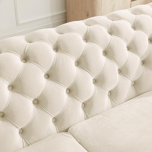 Image of KEIKI 2-Piece Luxury Chesterfield Sofa Set with 1 Velvet 3-Seater Sofa & 1 Loveseat Sofa, Italian 5-Seater Couch Set with 4 Pillow, Gold Stainless Decoration and Rolled Arms, for Living Room, Beige