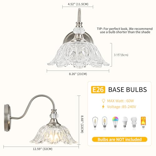 Image of 1 Piece Brushed Nickel Wall Sconce with Floral Clear Glass Shade, Brushed Nickel Finish Wall Mount Lighting for Bathroom, Modern Bathroom Vanity Light Fixture