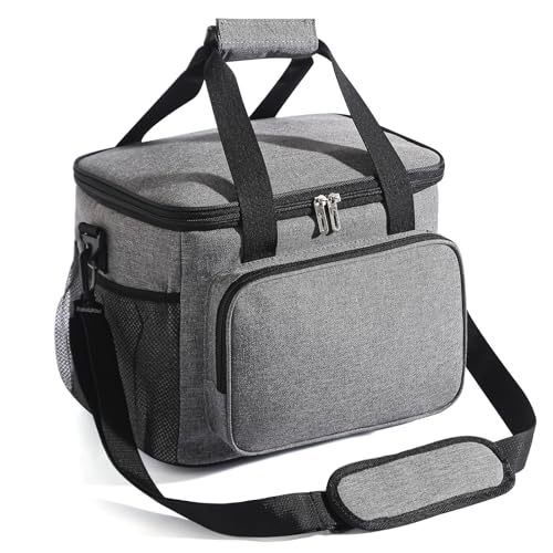 Bolsa Térmica Porta Alimentos, 15L Comida Trabajo Bolsa Porta Portátil Bolsa Isotérmica Almuerzo Lunch Bag Bolsa Nevera Pequeña para Almuerzo Escuela Trabajo Picnic Salidas Playa Viajes (Gris+Negro)