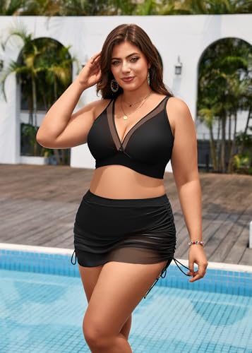 Women's Plus Size High Waisted Bikini Sets Two Piece Mesh Sarong Wraps Swimsuits3