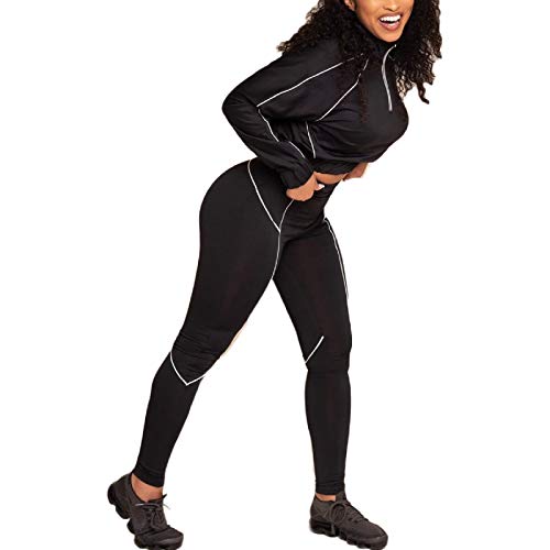 Sweatsuit for Women 2 Piece Long Sleeve 1/4 Zip Pullover Tops and Skinny Long Pant Set Outfits Jogger Suit Black M