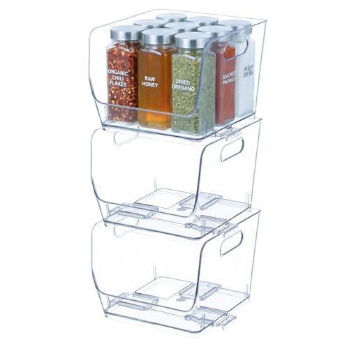 Basicwise Set of 3 Open-Front 9-Inch Clear Storage Bins with Easy-Grip Handles Stackable Transparent Plastic Organizer Containers for Pantry Cabinet Refrigerator Drawers Closets and Shelves, Medium