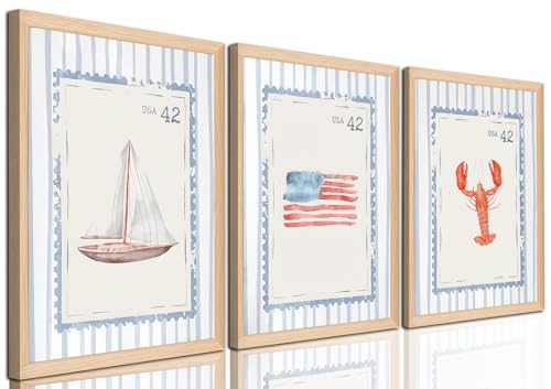 Cute Blue Coastal Stripe Wall Art Set of 3, Beach