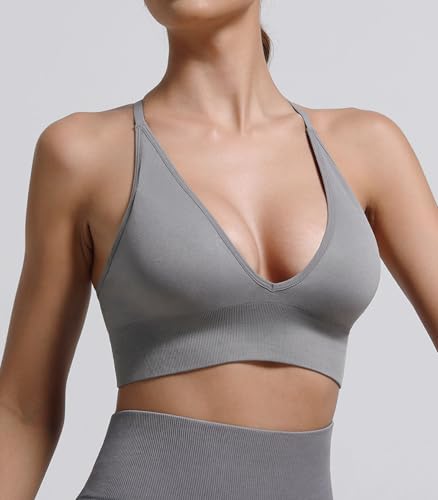 V Neck Adjustable Spaghetti Straps Sports Bra for Women, Padded Criss Cross Back Longline Yoga Bra Workout Crop Top Multipack3