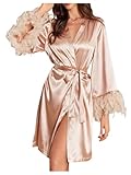 GORGLITTER Women's Sexy Feature Silk Robes Satin Bridal Kimono Nightgown Robes Party Bridesmaid Bathrobes Champagne Medium