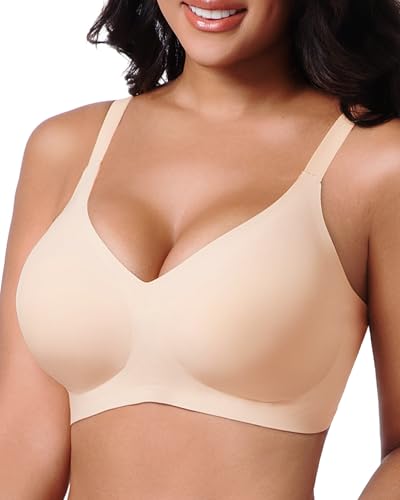 Vinfact Nahtloser BH Damen Ohne B&uuml;gel Push up Gro&szlig;e Br&uuml;ste Starker Halt V-Ausschnitt B&uuml;gelloser Seamless Bequem T Shirt Schlaf BH(BG,M)