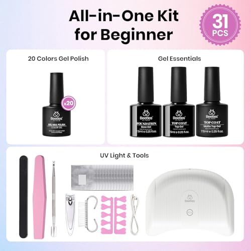 Image of Beetles Gel Nail Polish Kit with UV Light - 31Pcs Nail Polish Set Popular Color Gel with Base and Matte&Glossy Top Coat Soak Off All Season DIY Manicure Kit Art Gifts for Women