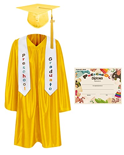 GraduationMall Preschool Graduation Cap Gown Stole Package with 2023 Tassel, Certificate Gold Medium 30(3'9"-3'11")