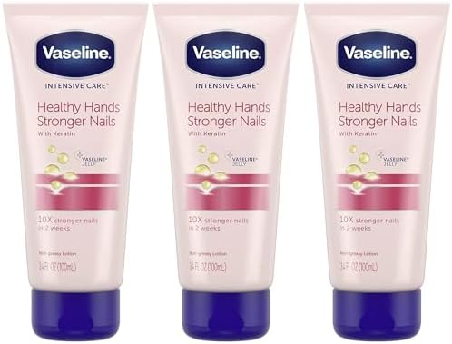 Vaseline Lotion, Healthy Hands Stronger Nails with Keratin 3-Pack, Intensive Care Hand Lotion with Petroleum Jelly, 3.4 Oz Each