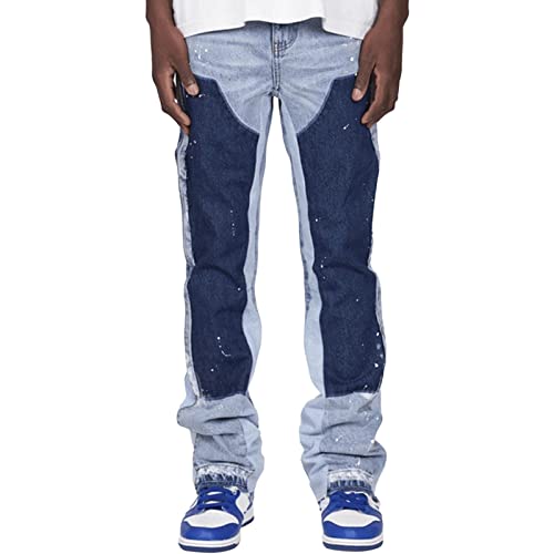 Maiyifu-GJ Men's Distressed Patchwork Stretch Jeans Slim Fit Straight Leg Denim Pants Retro Washed Patches Jean Trousers