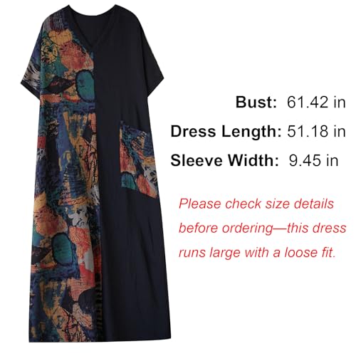 Image of Plus Size Summer Dress Printed V Neck Casual Loose Long Dresses with Pockets