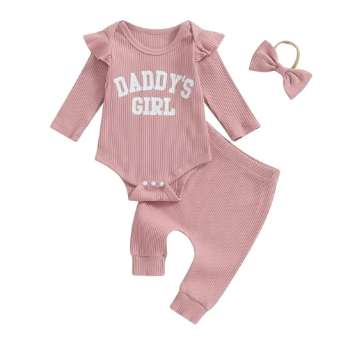 Tsnbre Newborn Baby Girl Outfits Daddys Girls Ruffle Long Sleeve Romper Top Pants Headband Infant Fall Winter Clothes (Pink, 0-3 Months)