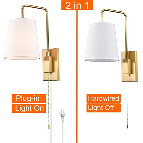 Image of Plug-in Wall Sconces Set of Two Swing Arm with Gold Fabric Shade