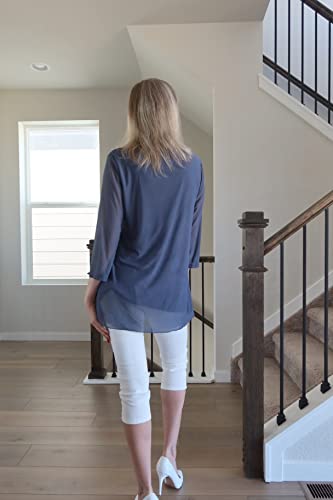 Sese Code Dressy Tops For Women, Formal Blouse For Wedding Evening Wear Elegant Ladies 3/4 Sleeve Shirts Flowy Mesh Tunic Top Ruffle Asymmetrical Hem Holiday Blue Medium #TOP2