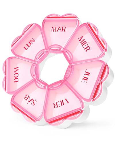 FHORAIN Caja de píldoras semanales, linda, redonda, gran compartimento,forma floral, adecuada para viajar (ES-Rojo)