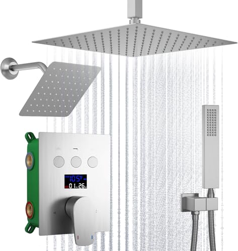Sistema de Ducha con Dos Duchadores, Cabezal de Lluvia de 12 Pulgadas y Duchador Lateral de 8 Pulgadas con Display Digital, Acabado Níquel Cepillado miniatura 1
