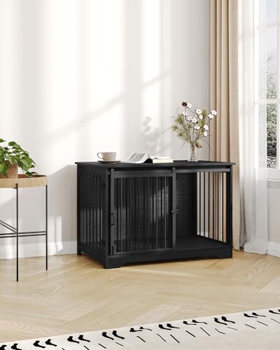 Hzuaneri Hundekäfig Möbel, 100cm hundebox für zuhause, Schiebetüren, 2 Tür, Moderne hundebox Holz Indoor für kleine/mittlere/große Hunde, Hundekäfig für Zuhause, 100 x 60 x 68 cm, Schwarz DFC02304B