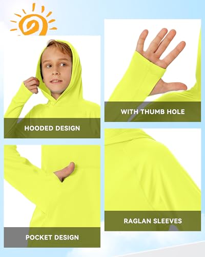 Image of Boys Rash Guard Long Sleeve Hoodie Swim Shirt with Pocket Youth Kids UPF 50+ Sun Protection Fishing Shirts Thumb Hole