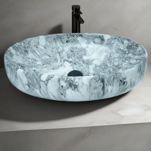 Image of Designer Counter Top Wash Basin | Tabletop Ceramic Bathroom Sink | Wash Basin Over Counter | Wash Basin For Bathroom, Living Room (24 x 15 x 6 Inch) (Designer Grey)