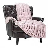 Chanasya Premium Ruched Faux Fur Throw Blanket - Luxurious, Soft Reversible Mink Blanket - 50' x 65” - Tan Rose
