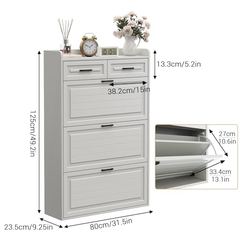 CuisinSmart Shoe Cabinet with 3 Flip Drawers and 2 Storage Drawers, Easy to Store 18-24 Pairs of Shoes, Adjustable & Removable Panel, Shoe Storage Cabinet for Entryway, Hallway, White