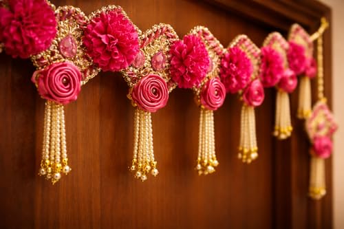 Image of iHandikart, Handmade Decorative Flower Toran, Color - Pink, with Artifical Pink Flower, Square Moti Chudi, Beads, Size - 40x15 Inch, Perfect Used for - Festival Decoration, Home Decor, (IHK-T161)