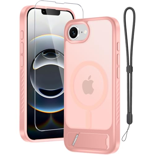 RMOCR for iPhone 16e Case & iPhone 17e Case with Screen Protector+Lanyard Wrist Strap,Magnetic Translucent Matte Rugged Slim Phone Cover Built in Invisible Kickstand [Fit for MagSafe],Cute Pink