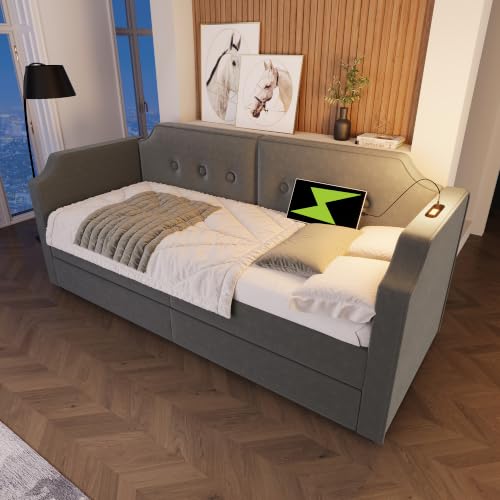 Cama tapizada gris de 90x200 para dormitorio juvenil con cajones amplios para guardar ropa 2