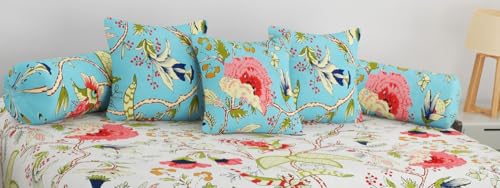 Image of Pure Soft Cotton Printed Diwan Set Covers 6 Pieces - 1 Single Bed Sheet (60 X 90) with 3 Cushion (16 X 16), 2 Bolster Covers (16 X 32) (White, Medium)