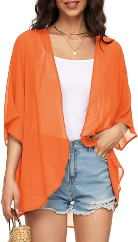 Image of Indian Trendy Women's Solid Puff Sleeve Kimono Cardigan Loose Cover Up Casual Blouse Top Chiffon