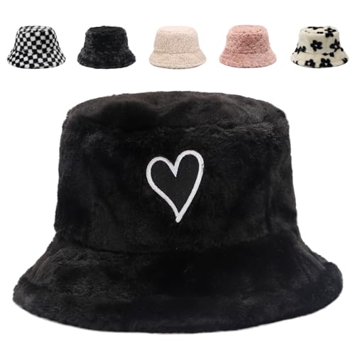 Image of Bucket Hat Women Furry Fuzzy Bucket Hats for Ladies, Winter Warm Fluffy Plush Faux Fur Hat for Women