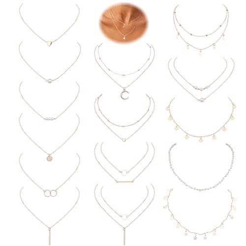 Milacolato Choker Kette 16 Teiliges Halskette Damen Kette Danity Halsband Ketten Damen Anhänger Münzen Mond Stern Perlenketten Halsband Halsketten Boho Set Für Frauen Verstellbar Gold