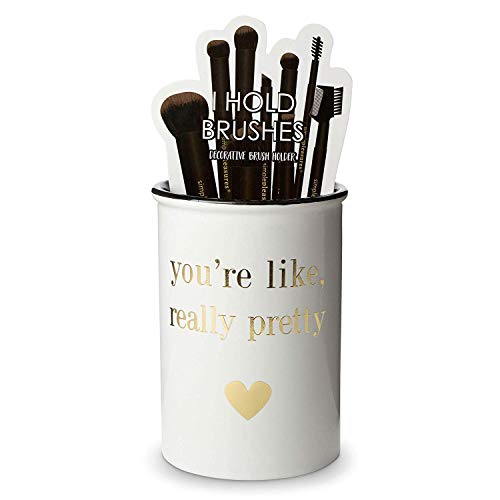Tri-coastal Design Ceramic Makeup Brush Holder Storage You're Like Really Pretty Cosmetic Organizer for Make Up Brushes and Accessories - Round White Cosmetics Cup for Bathroom Vanity Countertop