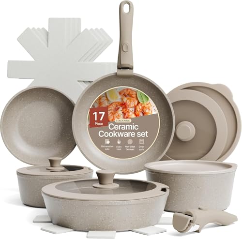 Bakken 17-Piece Ceramic Coated Aluminum Cookware Set Nonstick Pots and Pans with Lids Silicone Cooking Utensils & Oven Mitts All Stovetop Safe Up To 500F PTFE & PFAS Free Dishwasher Safe