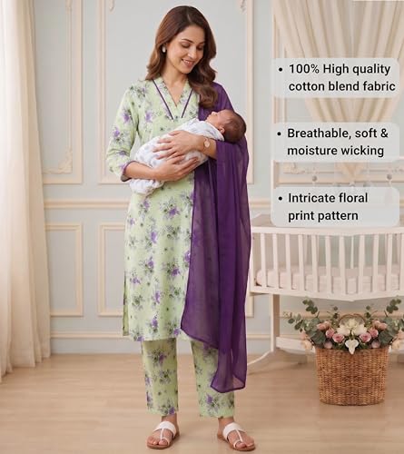 Image of DUMMY SHAPE Maternity Dresses for Women Cotton | Floral Kurta Pant Dupatta Set with Nursing Zippers, Side Pocket | Pre & Post Pregnancy | Feeding Kurti Suit | Baby Shower | Gifts for Pregnant Woman