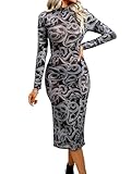 GothDark Women's Sexy Long Sleeve Bodycon Dress Sheer Mesh Round Neck Pattern Print Party Club Gothic Dresses Black