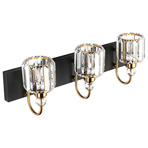 Image of Ralbay Modern Bathroom Vanity Light Fixture, 3-Lights, Black Metal & Crystal, HJ-8600-3T