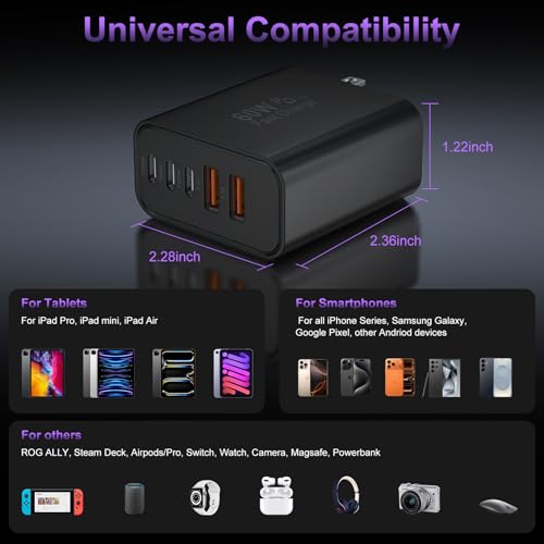 Image of USB C Fast Wall Charger Block, 3Pack 60W USBC Charging Cubes, 5-Port PD+QC Power Adapter Multiport Brick Type C Box Plug for Phone 17 /16 /15 /14 /13 /12 /11 /Pro Max /Plus, Pad Mini /Pro /S25 /S24-Black