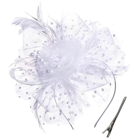 Durzasvo Women's Fascinators Tea Party Wedding Derby Mesh Flower Pearl Feather Fascinator Hat with Headband and Clip (US, Alpha, One Size, White) Cover