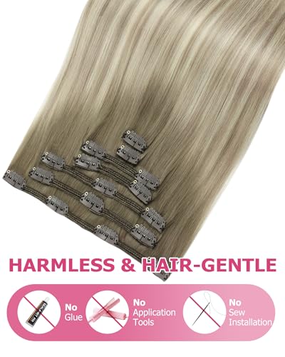 Image of YoungSee Blonde Clip in Hair Extensions 12 Inch Short Human Hair Clip ins Extensions Ash Blonde Balayage Platinum Blond, Easy to Wear at Home, Clip in Extensions Real Human Hair for Beginners 7Pcs 85G